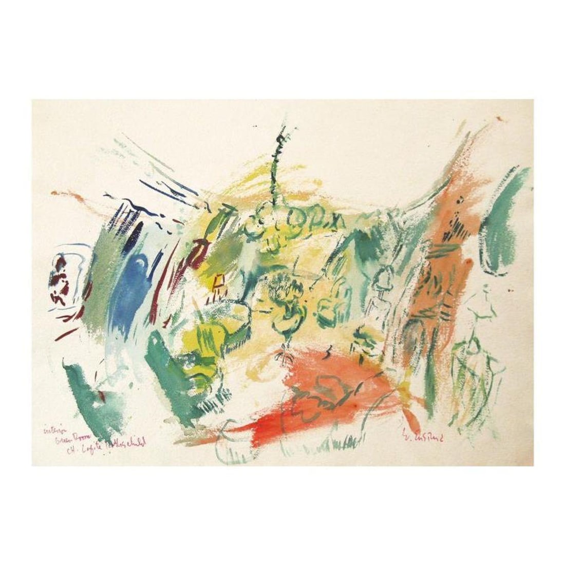 Wayne Ensrud, "Green Salon of Chateau Lafite Rothschild" Watercolor Original Artwork; Hand Signed;: Green Salon of Chateau Lafite Rothschild is an original Watercolor on Paper by Wayne Ensrud. The piece is hand signed by the artist and comes with a Certificate of Authenticity. Measures approximately