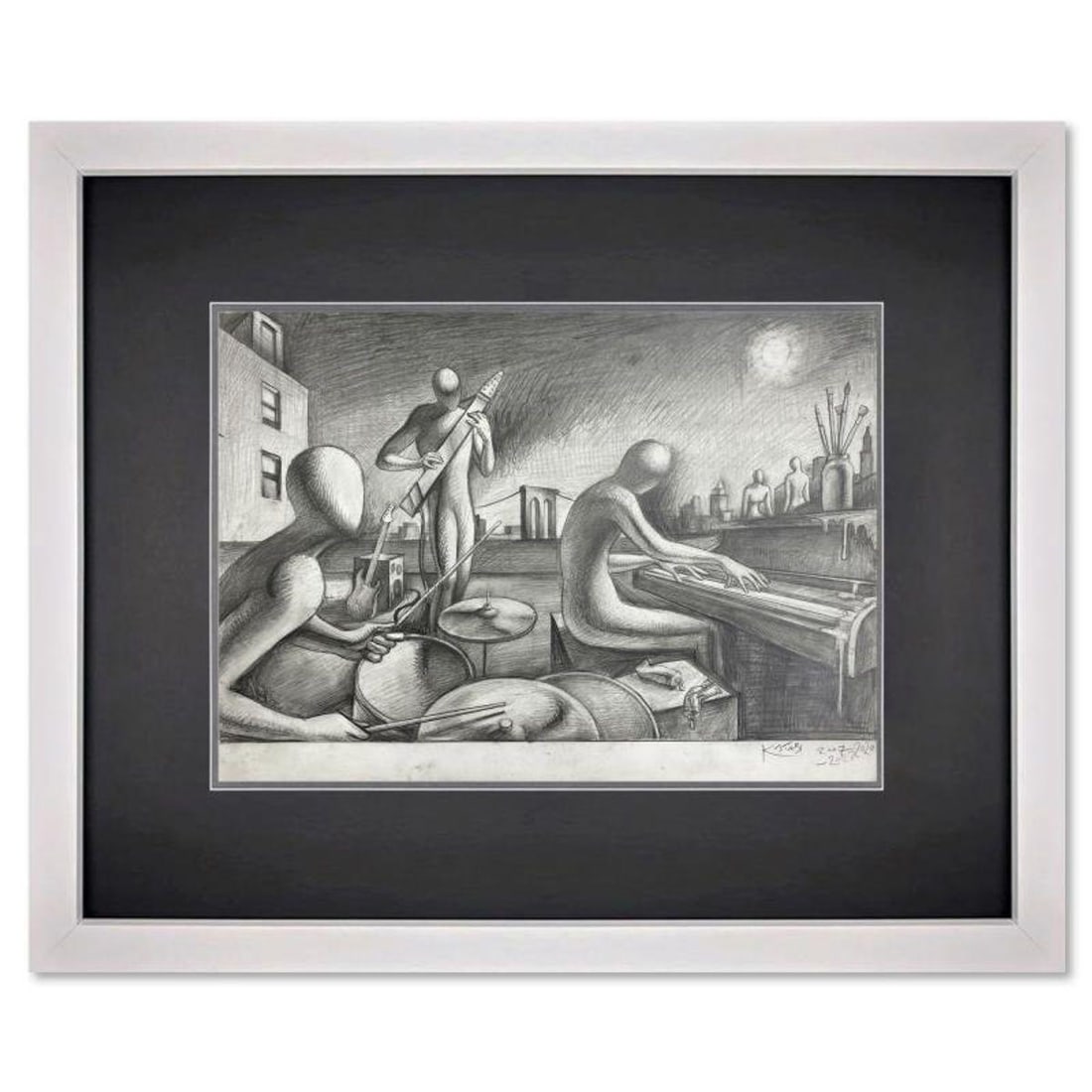 Mark Kostabi, "Take it To the Bridge" Framed Original Drawing on Paper, Hand Signed with Certificate: Take it To the Bridge is an original drawing on paper by Mark Kostabi, hand signed by the artist. This piece comes custom framed. Includes Certificate of Authenticity. Measures approx. 18" x 23" (fram