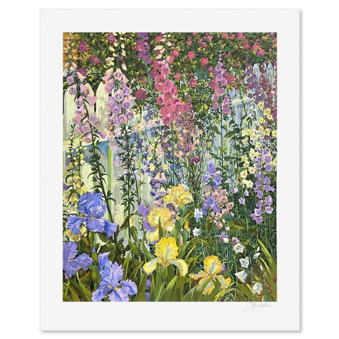 John Powell, "Fox Gloves and Irises" Limited Edition Printer's Proof Serigraph, Numbered and Hand: Fox Gloves and Irises is a limited edition printer's proof serigraph on paper by John Powell, numbered and hand signed by the artist. Includes Letter of Authenticity. Measures approx. 35.5" x 29" (bor