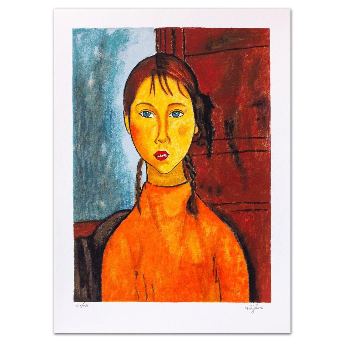 Amedeo Modigliani- Serigraph "Bambina Con Trecce": Artist: Amedeo Modigliani. Medium: Serigraph. Title: Bambina Con Trecce. Size: 20" x 14.5". Signature: Stamp signed and numbered. Certificate of Authenticity: Is included. Additional: Printed By the A