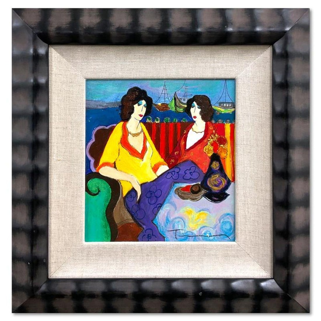 Itzchak Tarkay (1935-2012), "At the Port" Framed One-of-a-Kind Mixed Media Over Paint on Wood, Hand: At the Port is a one-of-a-kind mixed media over paint on wood by Itzchak Tarkay (1935-2012), hand signed by the artist. This piece comes custom framed. Includes Letter of Authenticity. Measures approx