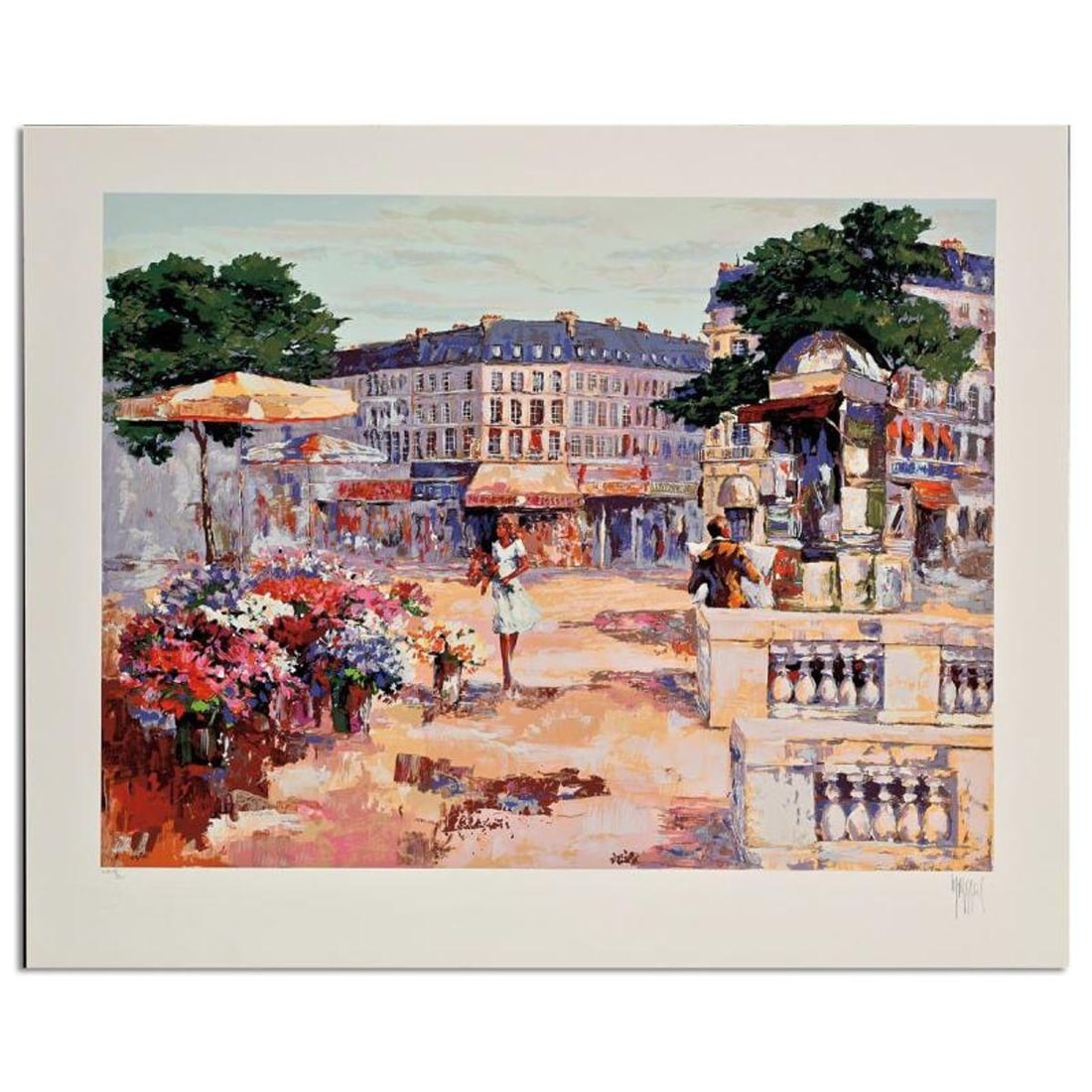 Mark King (1931-2014), "Flower Market" Hand Signed Limited Edition Serigraph with Letter of: Flower Market is a limited edition serigraph on paper by Mark King (1931-2014). Hand signed and numbered, this piece comes with a letter of authenticity and measures approximately 27" x 36" (image). R