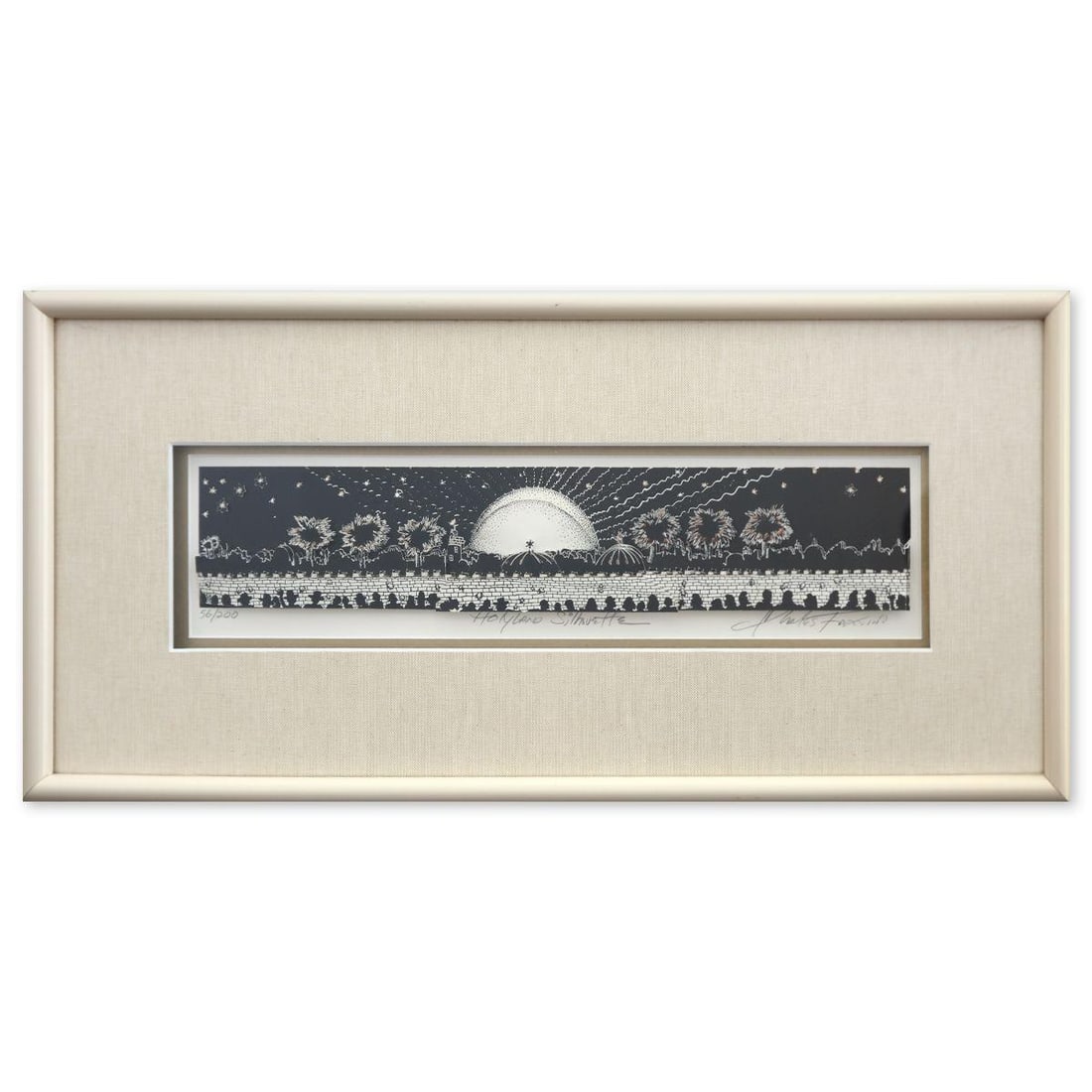 Charles Fazzino- 3D Construction Silkscreen Serigraph "Holyland Silhovette": Artist: Charles Fazzino. Medium: 3D Construction Silkscreen Serigraph. Title: Holyland Silhovette. Size: 5" x 19". Measures approx. 12" x 26" (framed). Signature: Hand Signed and numbered. Certificate