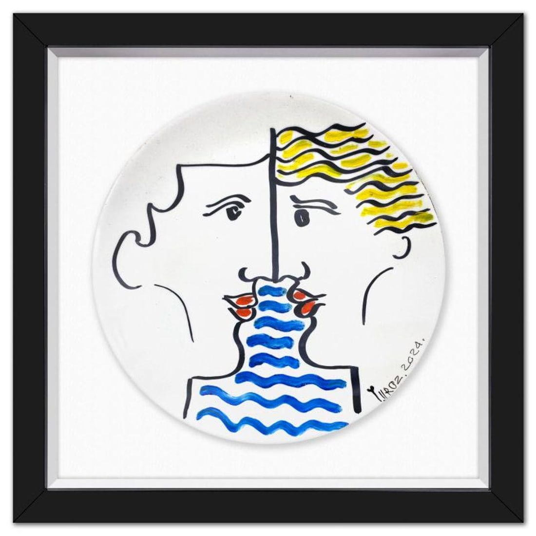 Yuroz, Framed Hand Painted Ceramic Plate, Hand Signed with Letter of Authenticity.: This is a hand painted ceramic plate by Yuroz, hand signed by the artist. This piece comes custom framed floated on linen. Includes Letter of Authenticity. Measures approx. 15.5" x 16" (frame), 11" (d