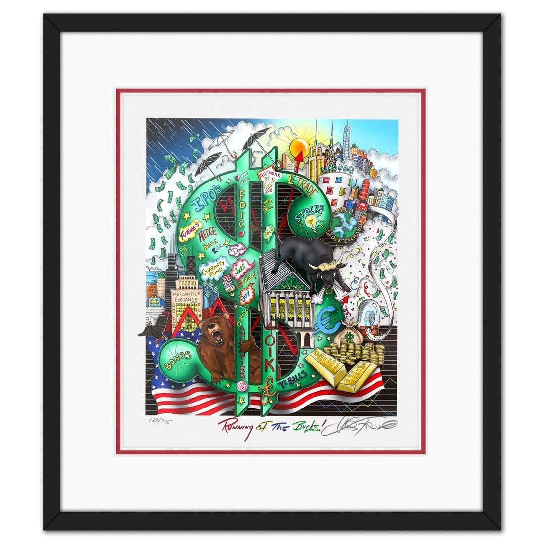Charles Fazzino- 3D Construction Silkscreen Serigraph "Running of the Bucks": Artist: Charles Fazzino. Medium: 3D Construction Silkscreen Serigraph. Title: Running of the Bucks. Size: 14" x 12". Measures approx. 21" x 18" (framed). Signature: Hand Signed and numbered. Certifica