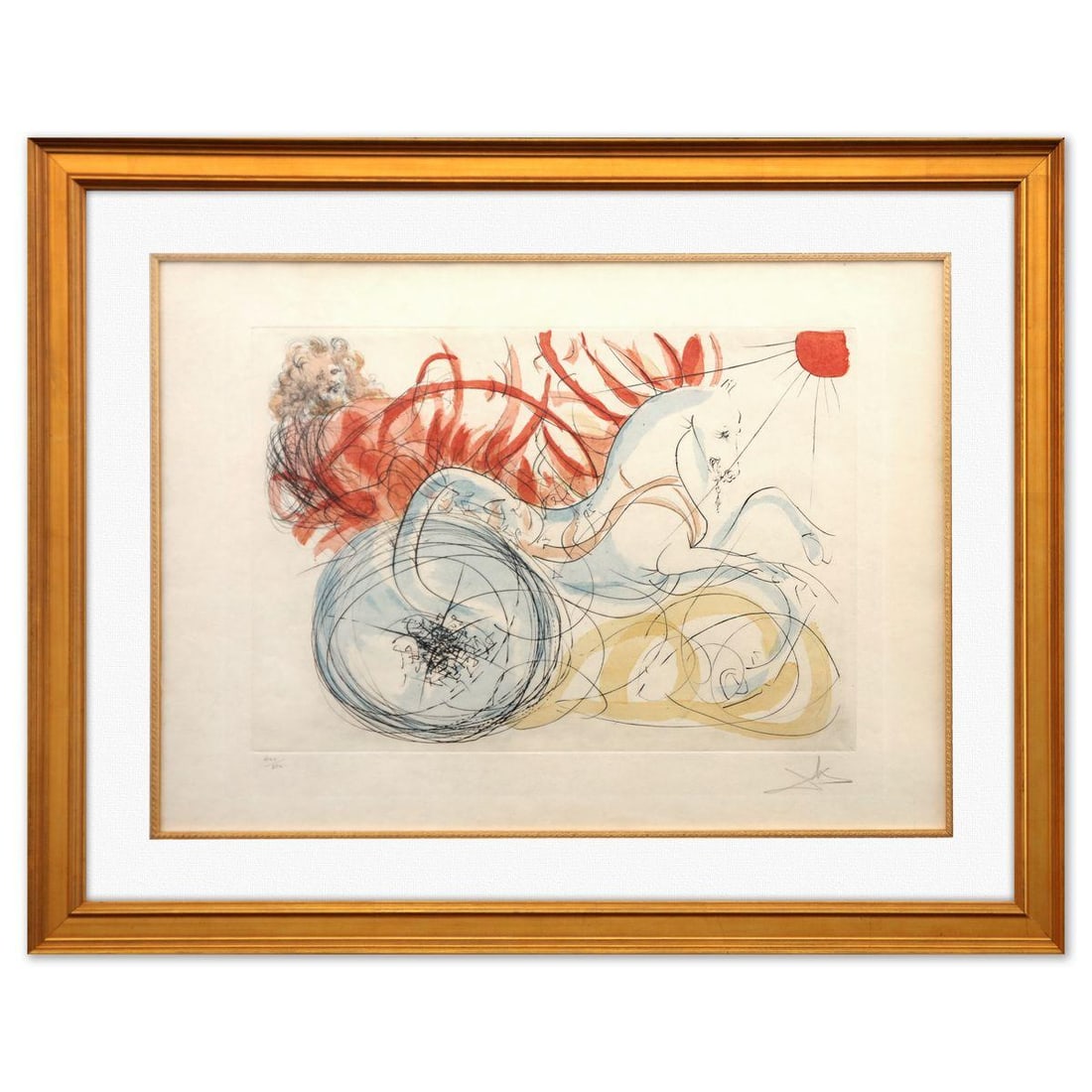 Salvador Dali- Original Lithograph "Elijah and the Chariot": Artist: Salvador Dali. Medium: Original Lithograph. Title: Elijah and the Chariot. Size: 21" x 29". Measures approx. 30" x 38" (framed). Signature: Hand signed and numbered. Certificate of Authenticit