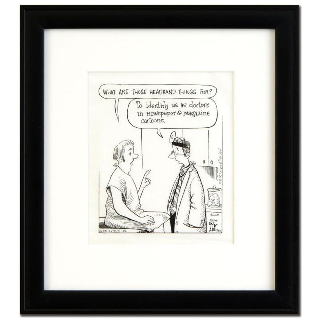 Bizarro! "Doctor's Headband Thing" is a Framed Original Pen & Ink Drawing by Dan Piraro, Hand Signed: Enter a surreal and satirical world of twisted imagination and award winning creativity. "Doctor's Headband Thing" is an original pen & ink drawing on paper by Dan Piraro, creator of the critically ac