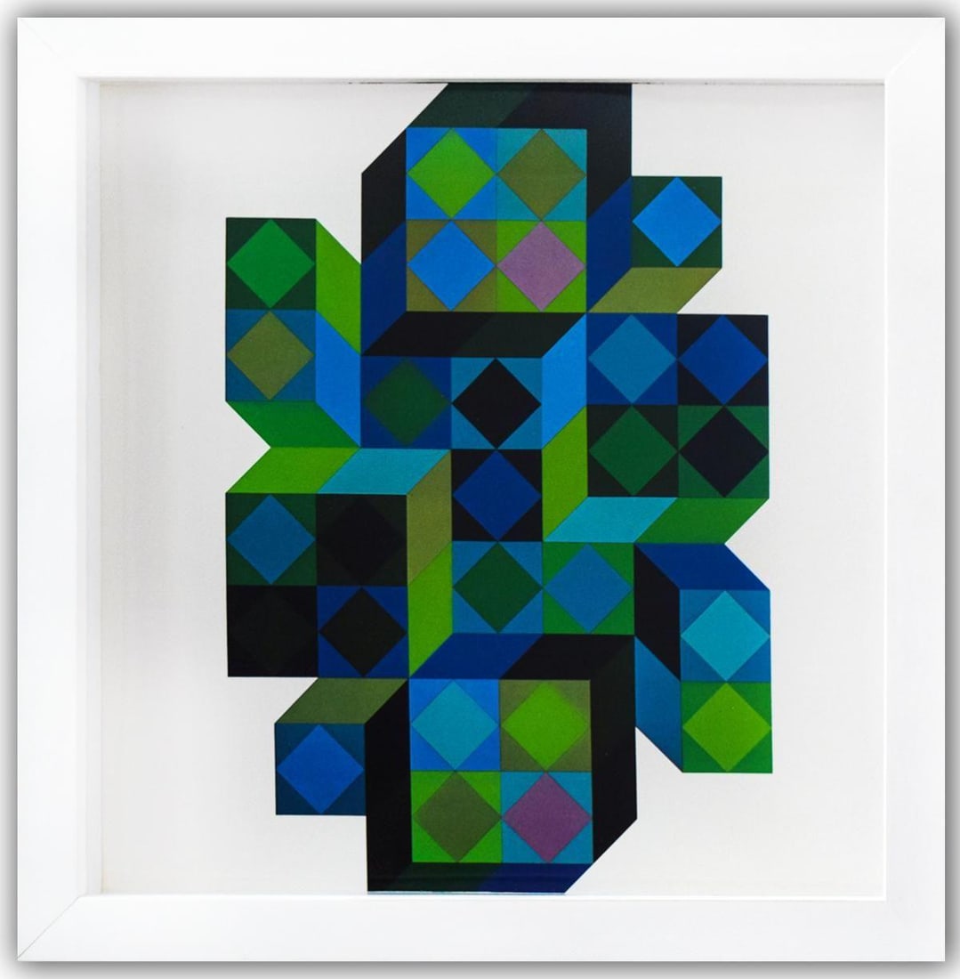 Victor Vasarely- Heliogravure Print "Tridim - B": Artist: Victor Vasarely. Medium: Heliogravure Print. Title: Tridim - B. Size: 10" x 10". Measures approx. 12" x 12" (framed). Additional: Custom Framed , 1971. Reference#: 21379.