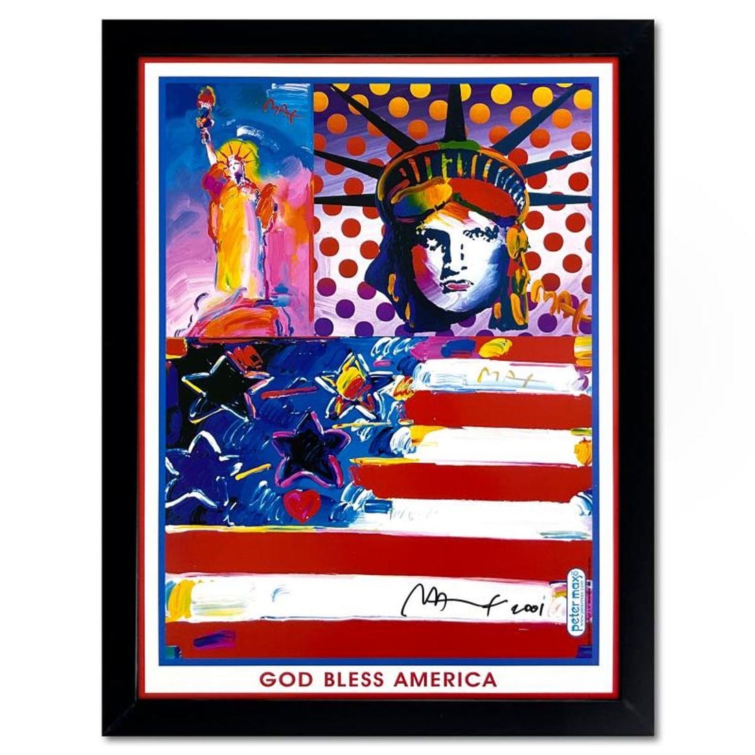 Peter Max, "9-11 God Bless America II" Framed Hand Signed Offset Lithograph with Letter of: 9-11 God Bless America II is an offset lithograph on paper by Peter Max, hand signed by the artist. This piece comes custom framed. Includes Letter of Authenticity. Measures approx. 28" x 22" (frame),