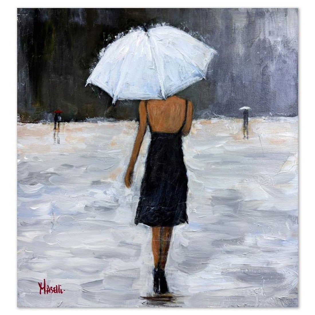 Michael Maselli, "A Stroll on the Piazza" Original Painting on Canvas, Hand Signed with Letter of: A Stroll on the Piazza is an original painting on stretched canvas by Michael Maselli, hand signed by the artist. Includes Letter of Authenticity. Measures approx. 24" x 24" (image).