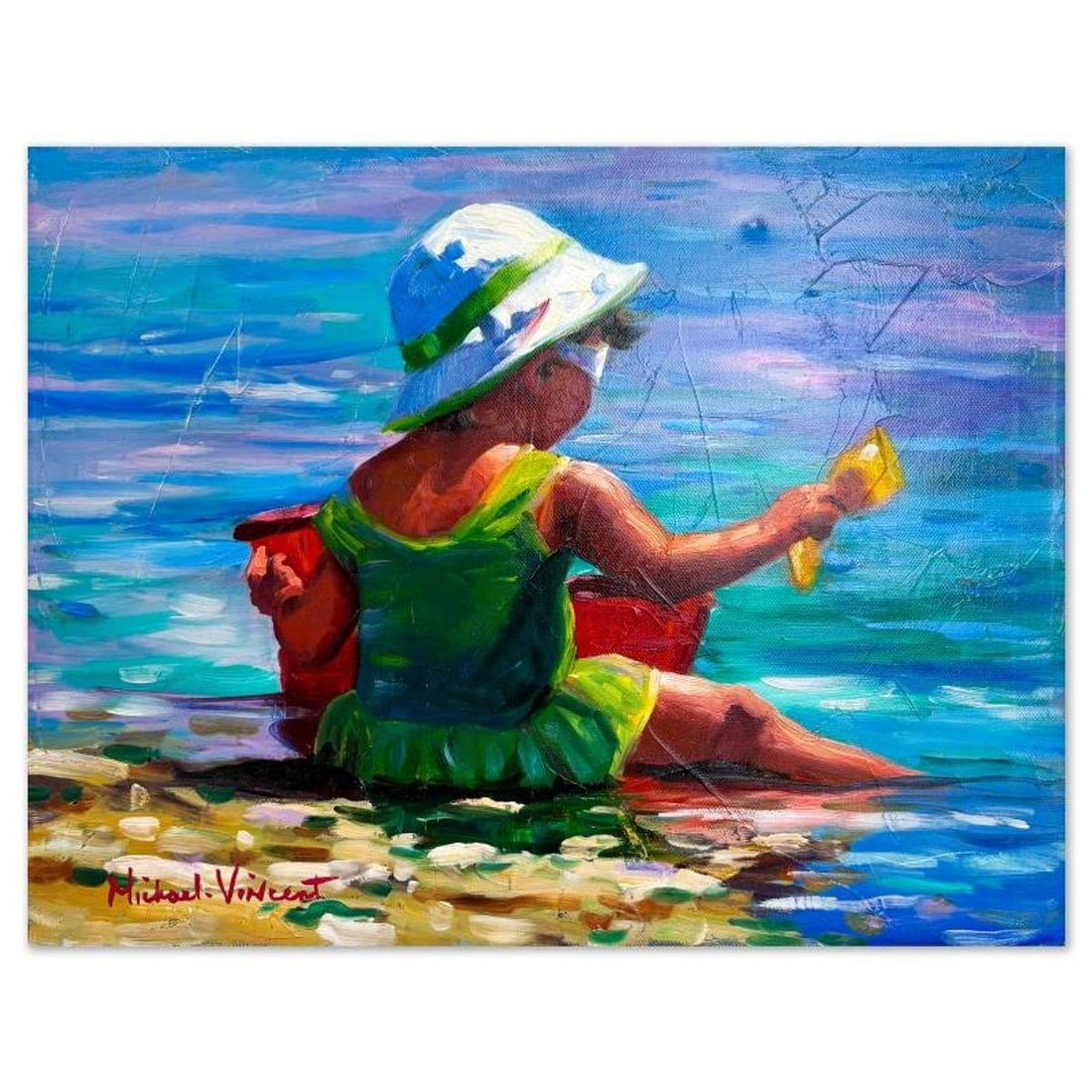 Michael Vincent, "Red Pail and Yellow Shovel" Original Painting on Canvas, Hand Signed with Letter: Red Pail and Yellow Shovel is an original painting on stretched canvas by Michael Vincent, hand signed by the artist. Includes Letter of Authenticity. Measures approx. 14" x 18" (image).