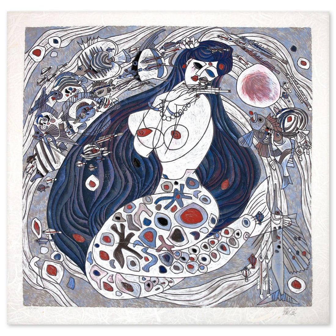 Jian Tie Feng- Silkscreen "White Mermaid": Artist: Jian Tie Feng. Medium: Silkscreen. Title: White Mermaid. Size: 32" x 32". Signature: Hand Signed and Numbered. Reference#: 80546.