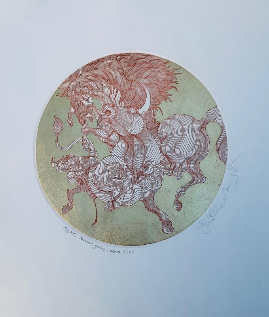 Guillaume Azoulay- Vintage etching on paper with hand laid gold leaf: Artist: Guillaume Azoulay. Medium: Vintage etching on paper with hand laid gold leaf. Size: 13" x 16". Signature: Signed and Numbered. Reference#: 49046.