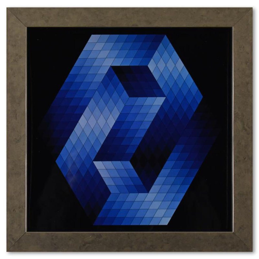Victor Vasarely (1908-1997), "Gestalt - Bleu de la serie Hommage A L'Hexagone" Framed 1971: Gestalt - Bleu de la serie Hommage A L'Hexagone is a heliogravure print on paper, published in 1971, by Victor Vasarely (1908-1997). This piece comes custom framed, with a letter of authenticity and w