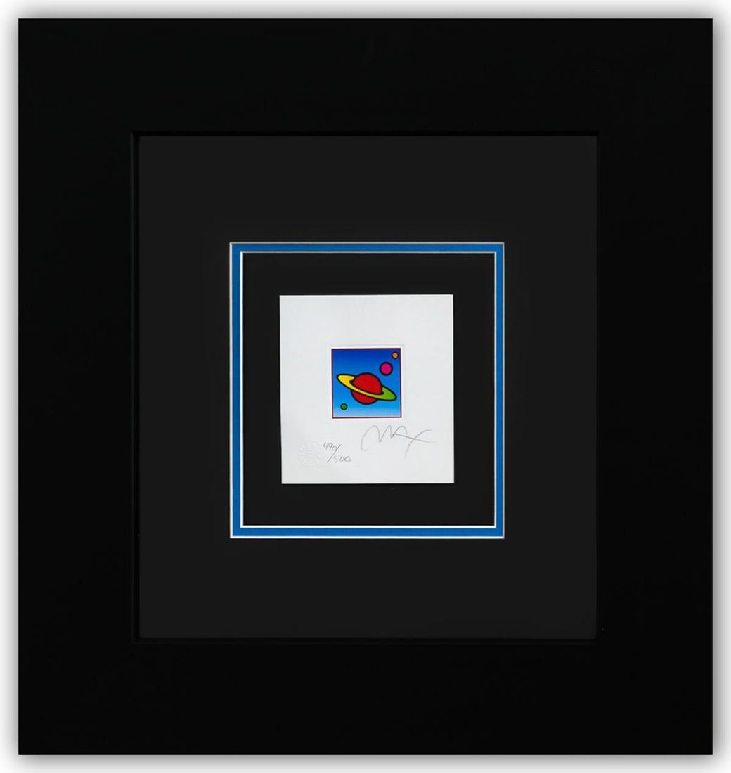 Peter Max- Original Lithograph "Cosmic Saturn": Artist: Peter Max. Medium: Original Lithograph. Title: Cosmic Saturn. Size: 5" x 4". Measures approx. 17" x 16" (framed). Signature: Hand Signed and Numbered by the artist. Certificate of Authenticity