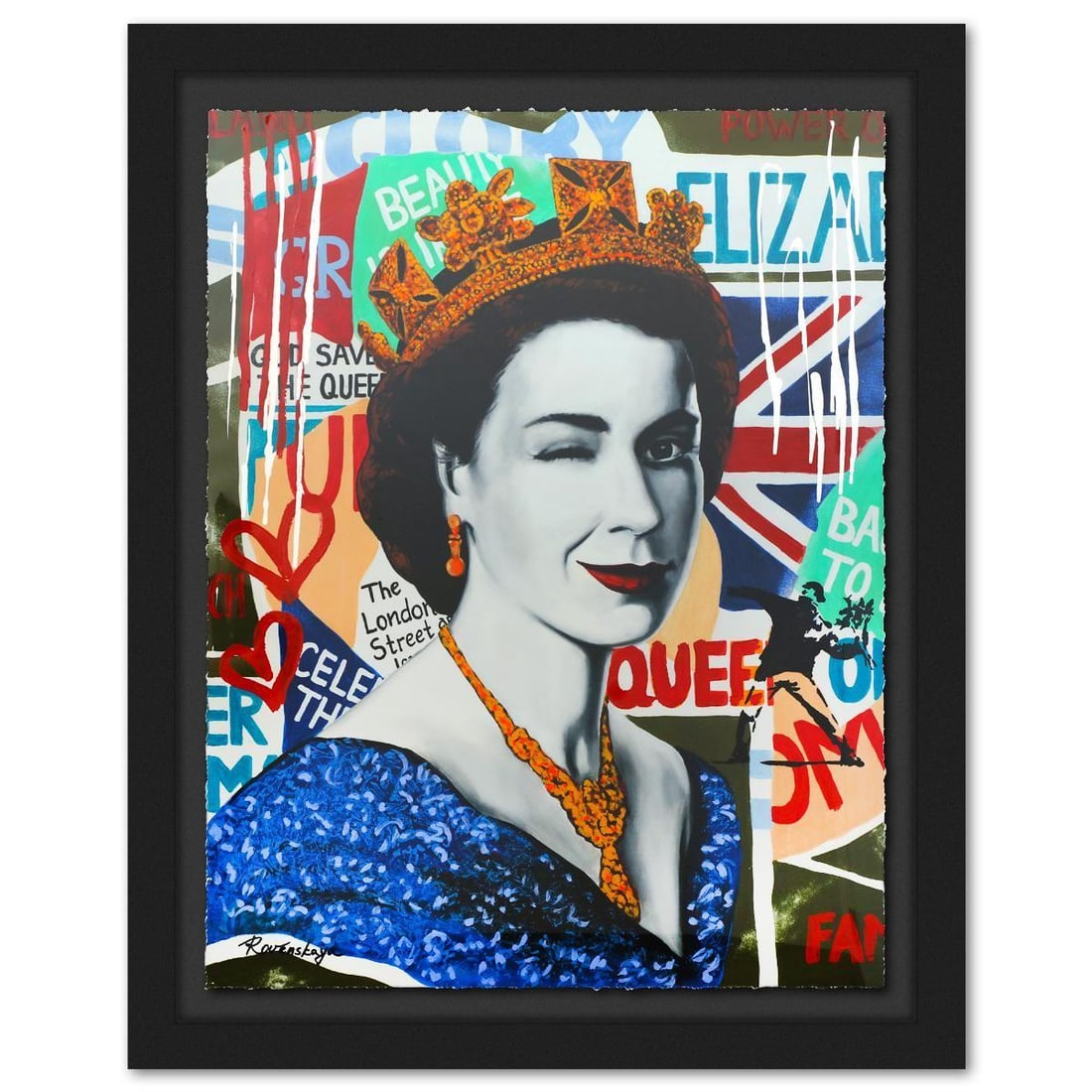 Nastya Rovenskaya- Original Mixed Media on Deckle Edge Paper "Queen Elizabeth": Artist: Nastya Rovenskaya. Medium: Original Mixed Media on Deckle Edge Paper. Title: Queen Elizabeth. Size: 50" x 38". Measures approx. 60" x 48" (framed). Signature: Hand Signed by the artist. Certif