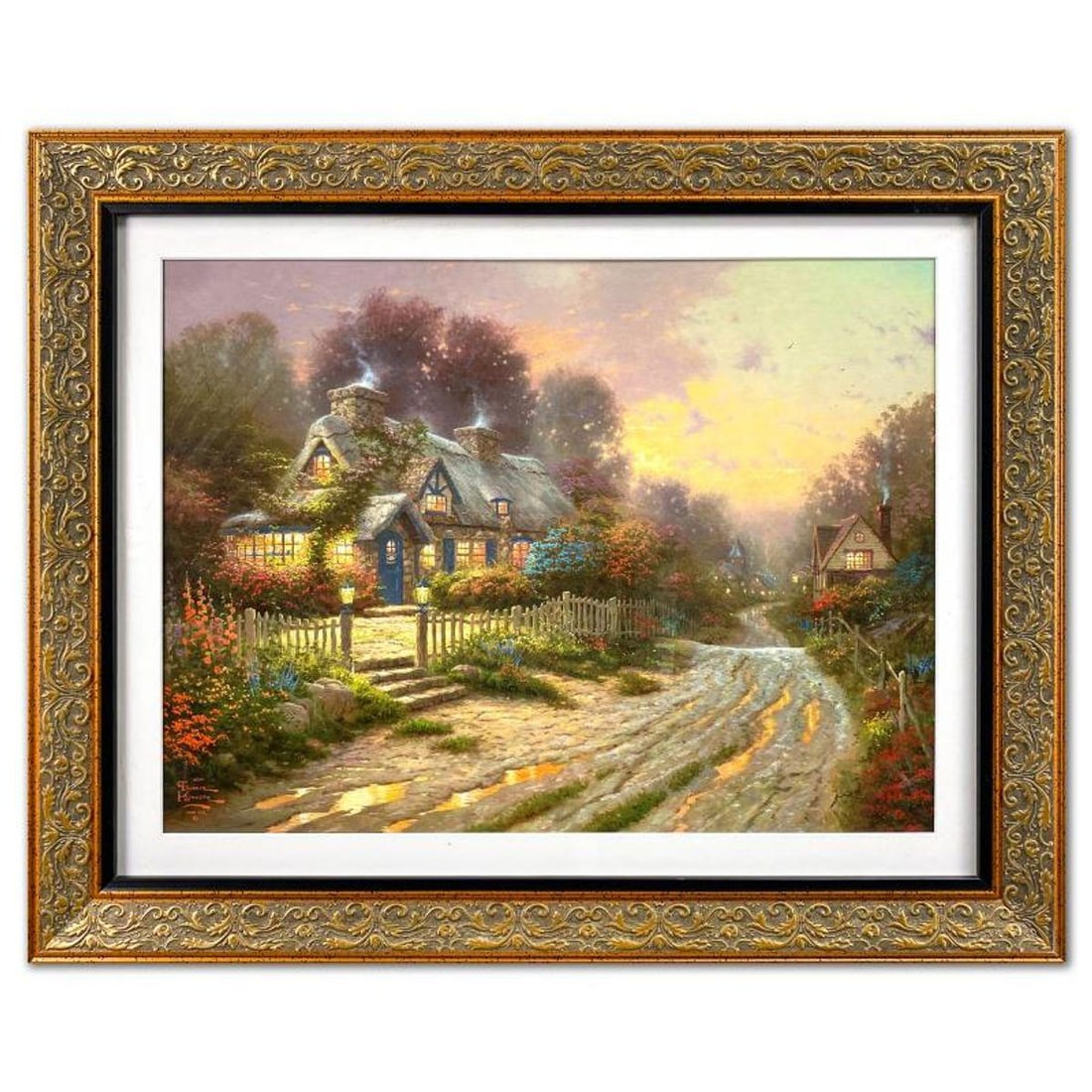 Thomas Kinkade (1958-2012), "Teacup Cottage" Framed Limited Edition Lithograph, Numbered and Signed: Teacup Cottage is a limited edition offset lithograph on paper by Thomas Kinkade (1958-2012), numbered and bearing Kinkade's authorized signature. This piece is framed. Measures approx. 25.5" x 31.5"
