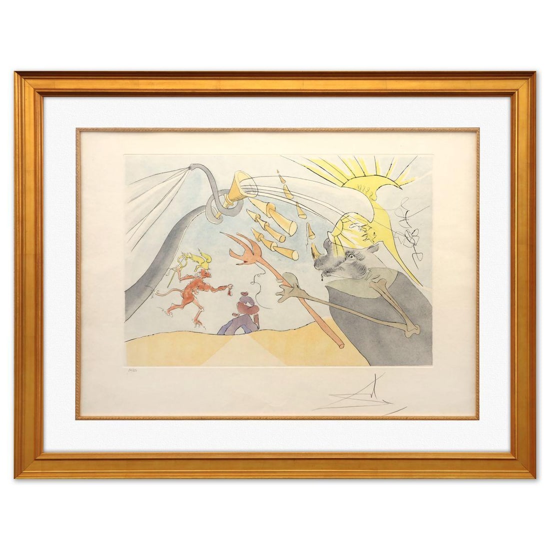 Salvador Dali- Original Lithograph "The Elephant and Jupiter's Monkey": Artist: Salvador Dali. Medium: Original Lithograph. Title: The Elephant and Jupiter's Monkey. Size: 21" x 29". Measures approx. 30" x 38" (framed). Signature: Hand signed and numbered. Certificate of