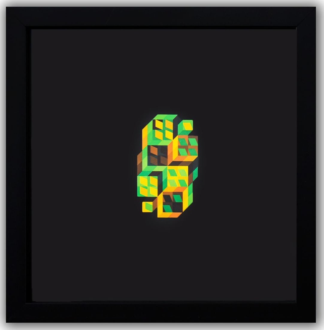 Victor Vasarely- Heliogravure Print "Tridim - P": Artist: Victor Vasarely. Medium: Heliogravure Print. Title: Tridim - P. Size: 10" x 10". Measures approx. 12" x 12" (framed). Additional: Custom Framed , 1971. Reference#: 21387.