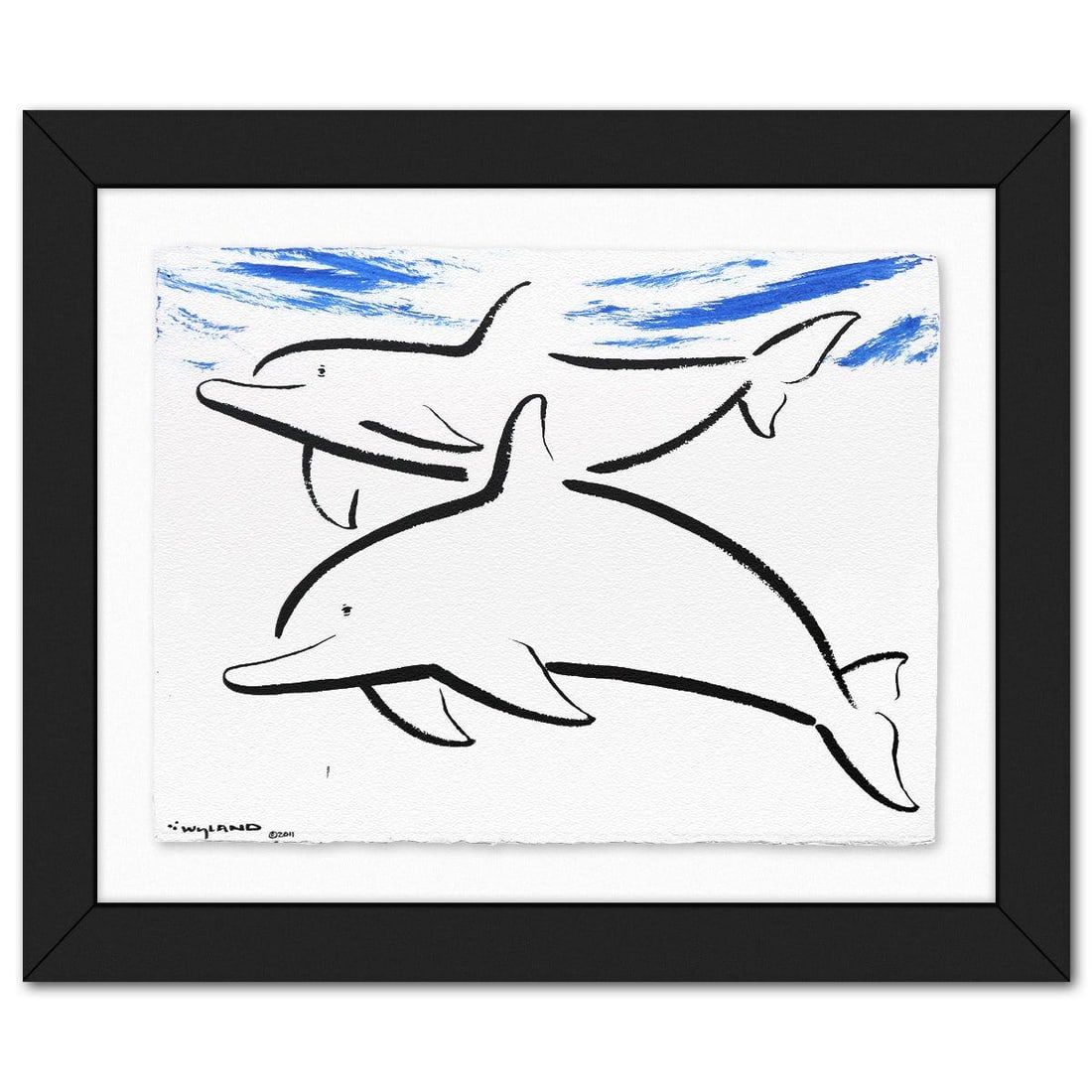 Wyland- Original Sumi Ink Painting "Two Dolphins": Artist: Wyland. Medium: Original Sumi Ink Painting. Title: Two Dolphins. Size: 23" x 30". Measures approx. 33" x 40" (framed). Signature: Hand signed by the artist. Certificate of Authenticity: Is inc