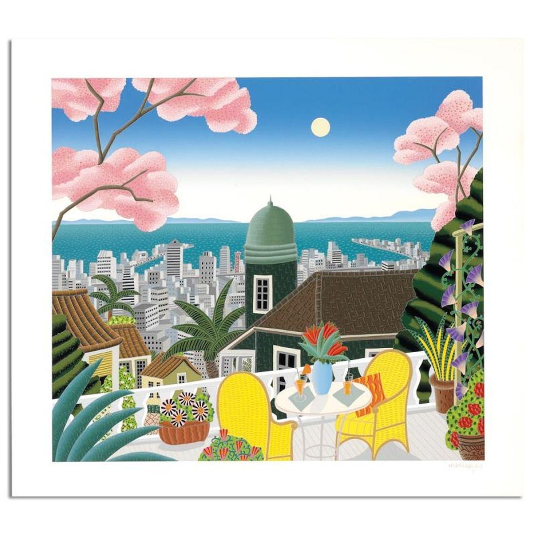 Thomas Mcknight, "Cherry Blossom Terrace" Limited Edition Serigraph, Numbered and Hand Signed with: Cherry Blossom Terrace is a limited edition serigraph on paper by Thomas Mcknight, numbered and hand signed by the artist. Includes Letter of Authenticity. Measures approx. 29" x 32" (border), 24" x 2