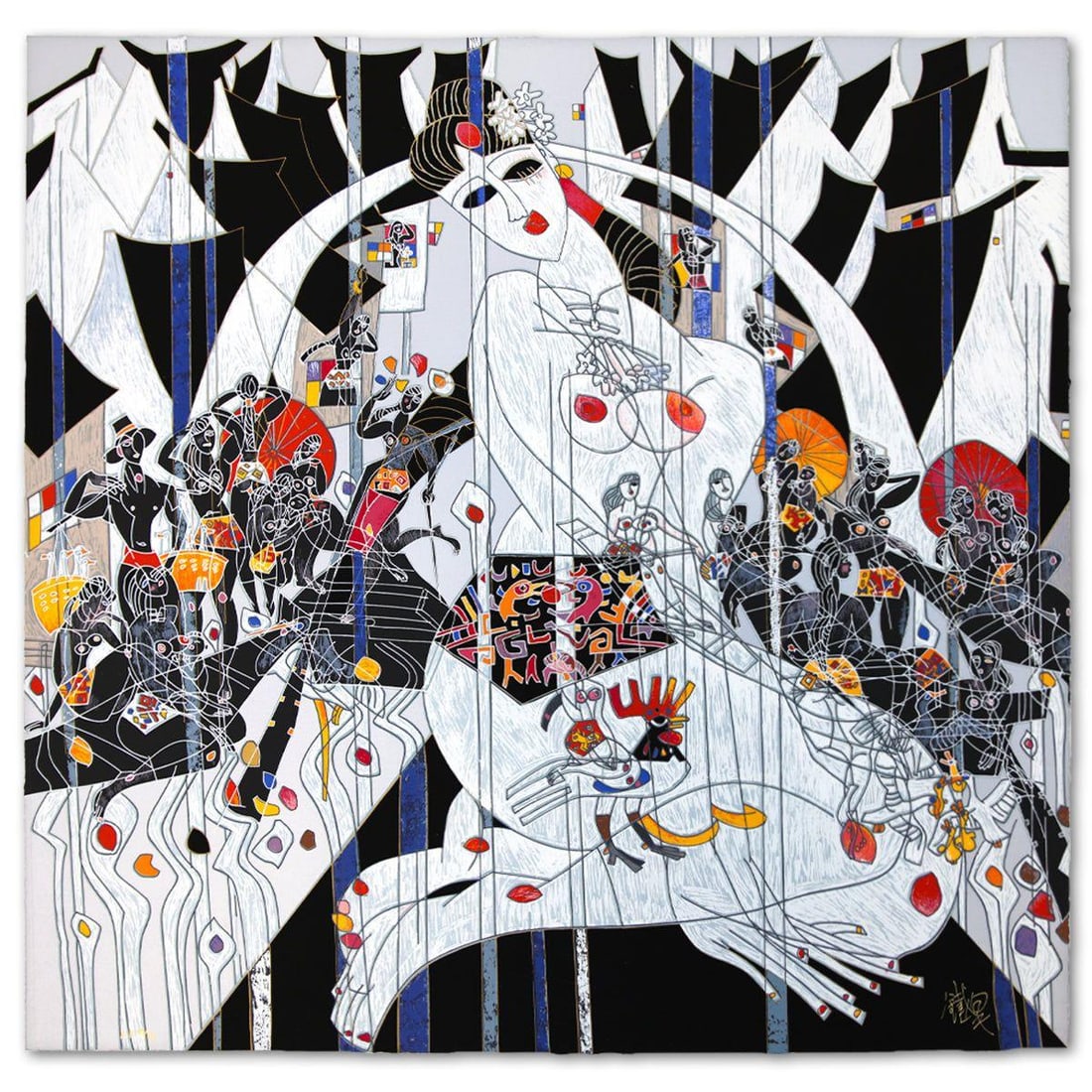 Jian Tie Feng- Silkscreen "Girls of Souzhou": Artist: Jian Tie Feng. Medium: Silkscreen. Title: Girls of Souzhou. Size: 32" x 33". Signature: Hand Signed and Numbered. Reference#: 80565.