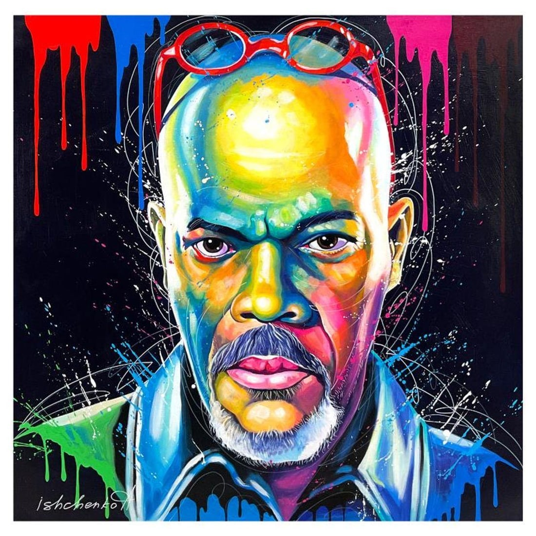 Alexander Ishchenko, "Samuel Jackson" Original Acrylic Painting on Canvas, Hand Signed with Letter: Samuel Jackson is an original acrylic painting on canvas by Alexander Ishchenko, hand signed by the artist. Includes Letter of Authenticity. Measures approx. 36" x 36" (image).