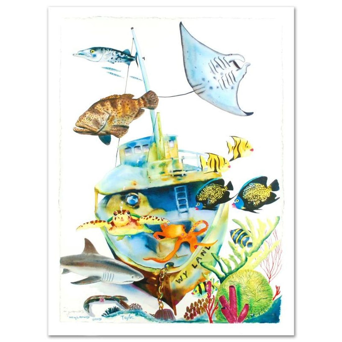 Wy Land Limited Edition Giclee on Canvas (29.5" x 41.5") by Wyland, Numbered and Hand Signed by: Together, Wyland and Tracy Taylor create uniquely marvelous seascapes bursting with color, humor and a deep love of all things aquatic. "Wy Land" is a limited edition giclee on canvas, numbered and ha