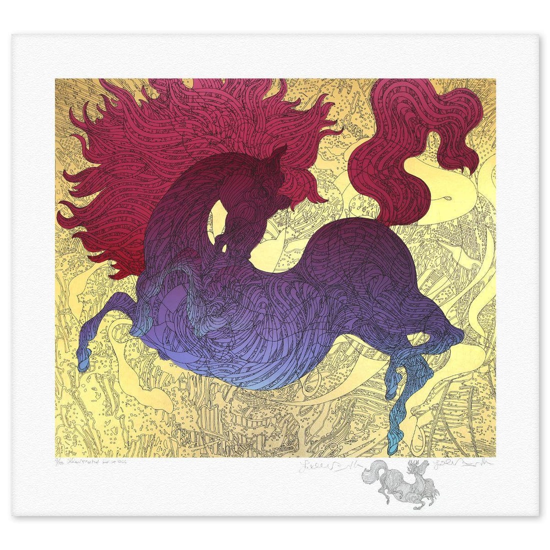 Guillaume Azoulay- Gold Leaf Serigraph "Le Cheval Ilustre": Artist: Guillaume Azoulay. Medium: Gold Leaf Serigraph. Title: Le Cheval Ilustre. Size: 34" x 38". Signature: Hand Signed and Numbered. Certificate of Authenticity: Is included. Reference#: 81538.