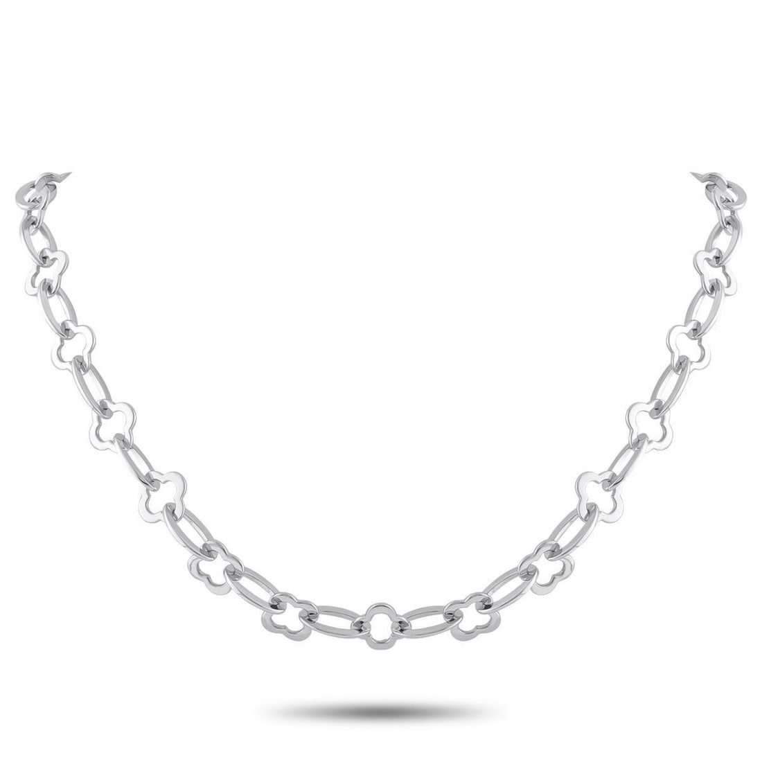 VAN CLEEF & ARPELS BYZANTINE ALHAMBRA 18K WHITE GOLD LINK NECKLACE: On this Van Cleef & Arpels Byzantine Alhambra necklace, the luxury brands classic clover motif takes on a new form. Interlocking links crafted from 18K White Gold make this elegant, understated neckla