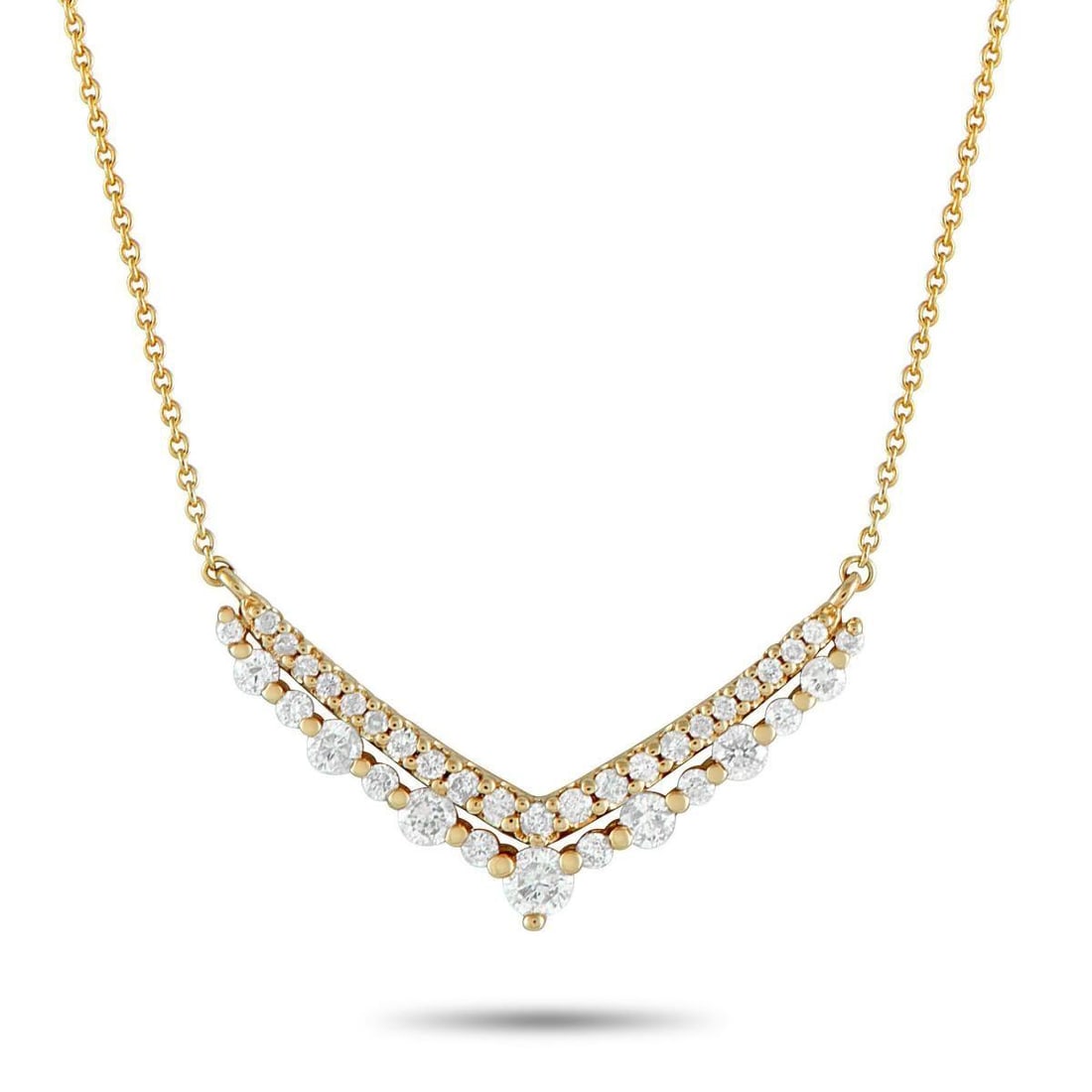 14K YELLOW GOLD 0.50CT DIAMOND V-SHAPED PENDANT NECKLACE: A necklace that draws the eye with soft sparkle and clarity. This 14K yellow gold piece features a V-shaped pendant layering two refined V lines for a crisp, modern outline. One is set with round diam