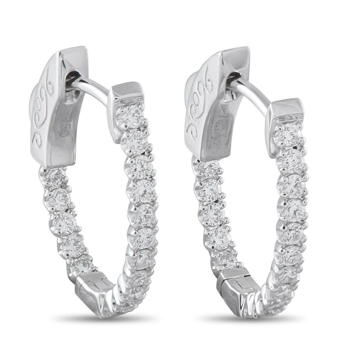 18K WHITE GOLD 0.52CT DIAMOND INSIDE-OUT HUGGIE HOOP EARRINGS: Add a touch of sparkle to any ensemble with these elegant earrings. Crafted from 18K White Gold, each one features a curved setting that measures 0.75 long by 0.63 wide. Diamonds with a total weight o