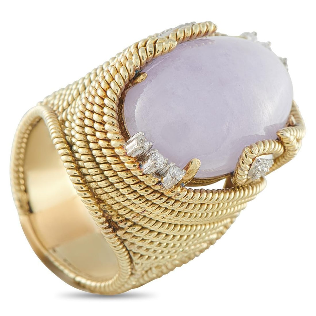 18K YELLOW GOLD 0.14CT DIAMOND AND JADE RING: A coiled setting crafted from 18K Yellow Gold makes this ring impossible to ignore. The bold, breathtaking design is further elevated by a stunning, purple-hued Jade center stone. Diamond accents tota