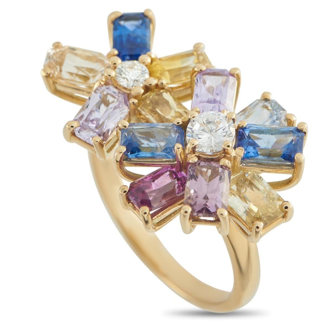 18K YELLOW GOLD 0.28CT DIAMOND AND SAPPHIRE RING: This exquisite ring comes to life thanks to a pair of vibrant floral motifs. Diamonds with a total weight of 0.28 carats provide plenty of sparkle, while multicolored Sapphires with a total weight of