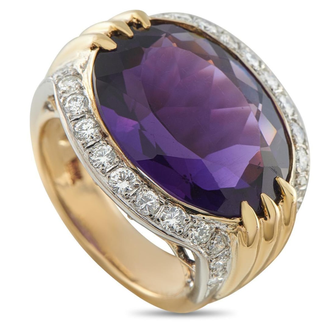 18K YELLOW GOLD 0.75CT DIAMOND AND AMETHYST RING: This bold ring is designed to continually catch the eye. The statement-making 18K Yellow Gold setting beautifully showcases the 12.0 carat Amethyst center stone. Diamonds with a total weight of 0.75 c