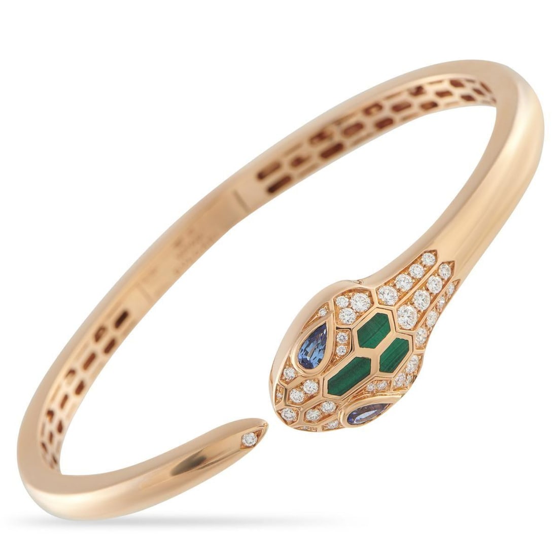 BVLGARI SERPENTI 18K ROSE GOLD DIAMOND BRACELET SIZE MEDIUM: This Bvlgari Serpenti bracelet captures the beauty and grace of the mythical serpent one of the luxury brands icons. Crafted from 18K Rose Gold, inset Diamonds and colorful gemstones add dimension to