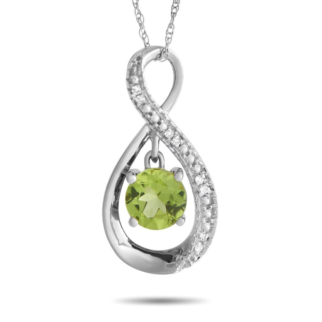 14K WHITE GOLD 0.03CT DIAMOND AND PERIDOT PENDANT NECKLACE: Freshen up your daily look with a radiant pop of color through this necklace. This white-gold beauty features an 18 double cable chain holding a stylized infinity pendant. The pendant is embellished w