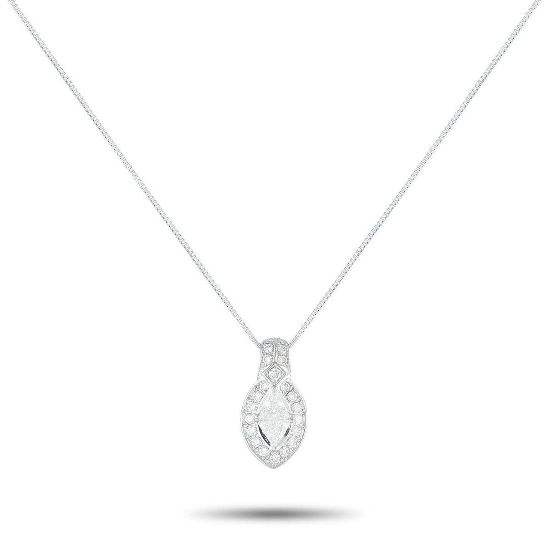 PLATINUM 0.65CT DIAMOND PENDANT NECKLACE: This classic necklace is simple, stylish, and sophisticated. Diamonds with a total weight of 0.65 carats including a stunning marquise cut Diamond at the center allow this piece to effortlessly emanat