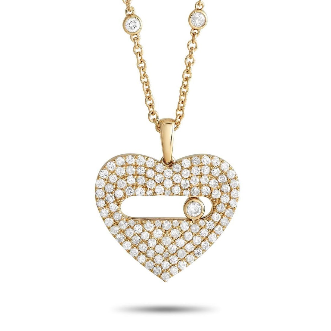 14K YELLOW GOLD 2.10CT DIAMOND PAV HEART NECKLACE: This necklace could well be what's missing in your arsenal. It features a 15 long chain with a lobster clasp and a 1 by 0.80 heart-shaped pendant. The pendant glitters with pav-set round diamonds and