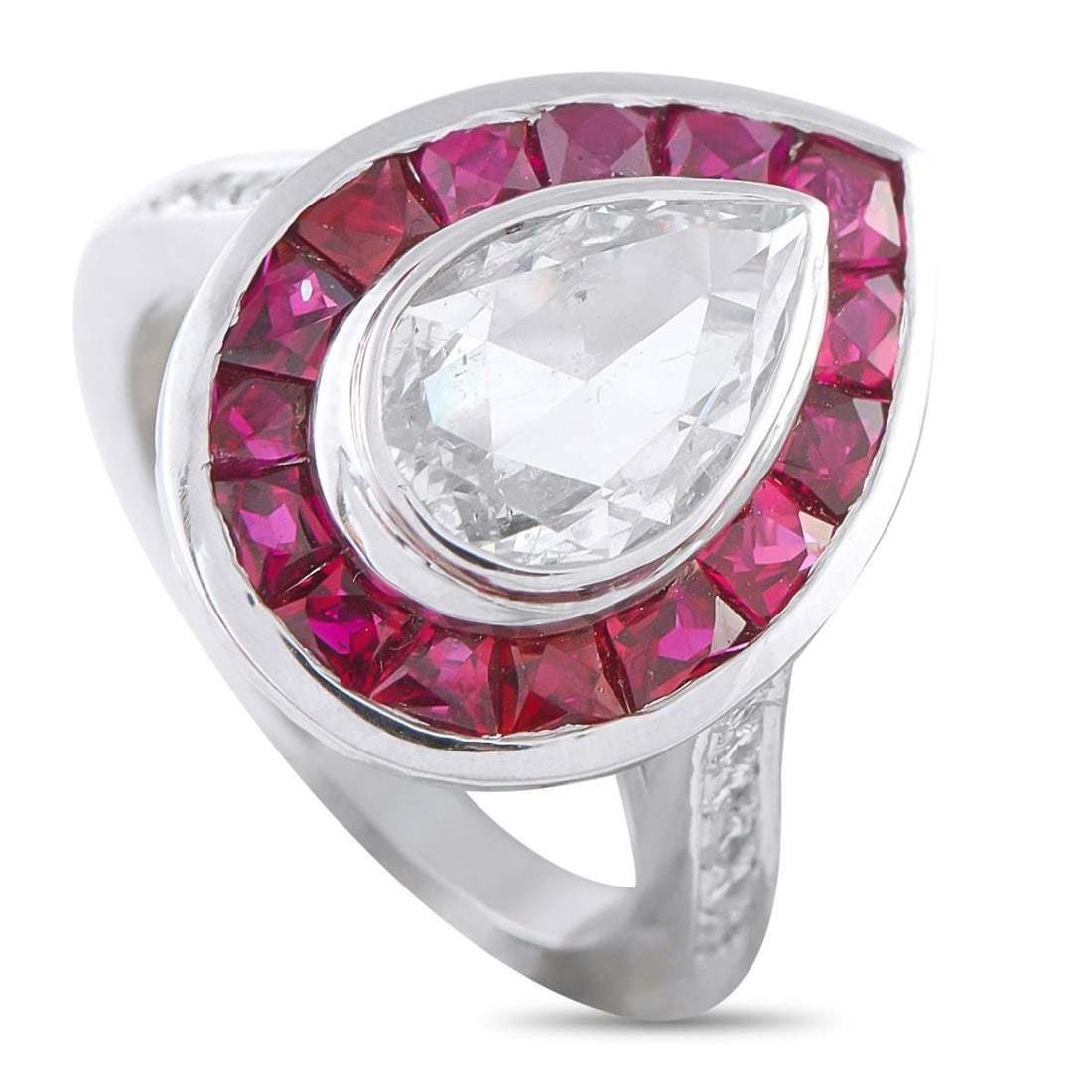 PLATINUM 1.37CT DIAMOND AND RUBY RING: This luxury ring is incredibly chic. It features a pear-shaped Diamond center stone and additional Diamonds accenting the band together, it possesses a total weight of 1.37 carats. A halo of Ruby gems