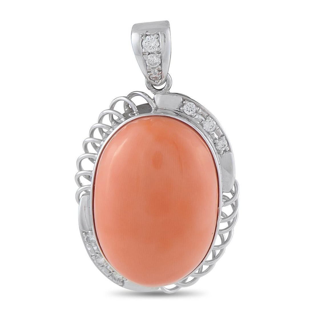 PLATINUM 0.35CT DIAMOND AND CORAL PENDANT: A pink coral takes center stage here, its warm tone visible from both sides of the pendant. The oval coral cabochon is visible from both front and back of the pendant through an open-backed constructi