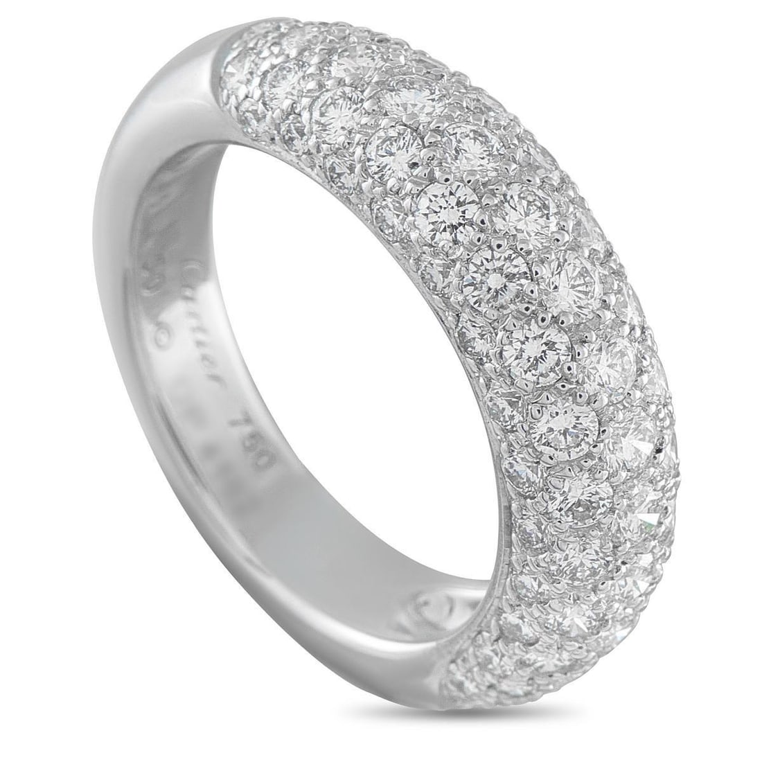 CARTIER MIMI 18K WHITE GOLD DIAMOND RING: This classic Cartier Mimi ring will never go out of style. The curved 18K White Gold setting beautifully showcases sparkling inset Diamonds, which cover the top of the design. Elegant enough for speci