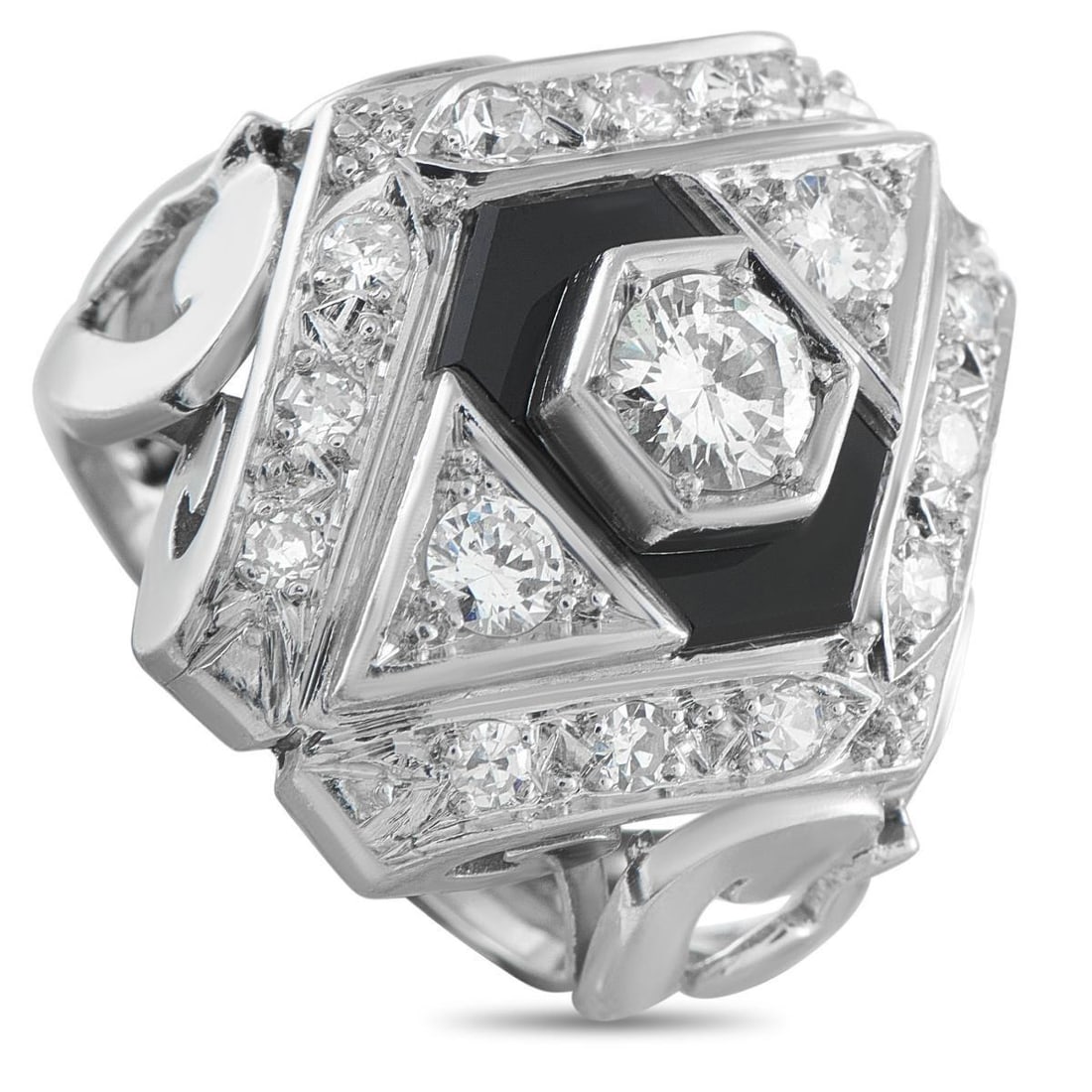 18K WHITE GOLD 1.20CT DIAMOND RING: A ring of controlled presence. Geometry leads this 18k white gold ring, where strong lines, defined angles, and tone contrast shape the entire face. At its center is a round diamond on a raised hexago