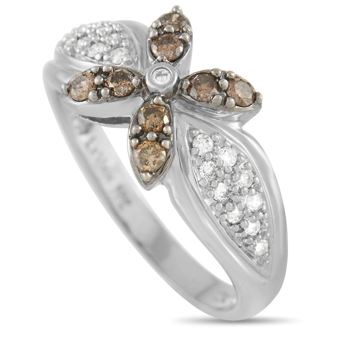 LE VIAN 18K WHITE GOLD WHITE AND BROWN DIAMOND FLOWER RING: A fabulous floral motif sets this 18K White Gold ring from Le Vain apart in the best way possible. This impeccable pieces 3mm wide band is adorned with shimmering white diamonds, while brown diamonds
