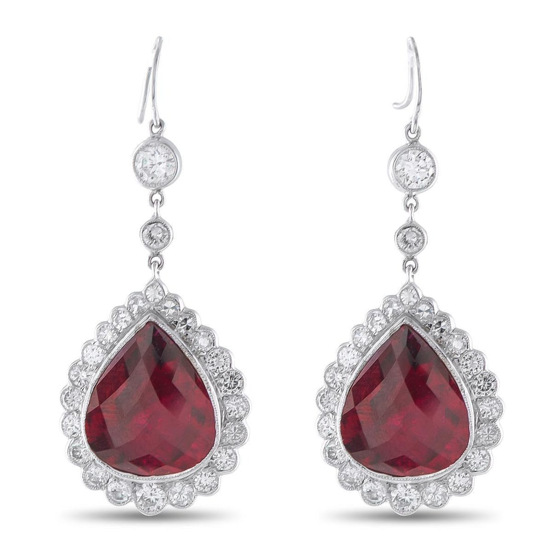 18K WHITE GOLD 2.50CT DIAMOND AND RUBELLITE EARRINGS: These luxury earrings are simply exquisite. Stylish enough for even your most special occasions, the 18K White Gold settings include Rubellite gemstones with a total weight of 10.40 carats surrounded