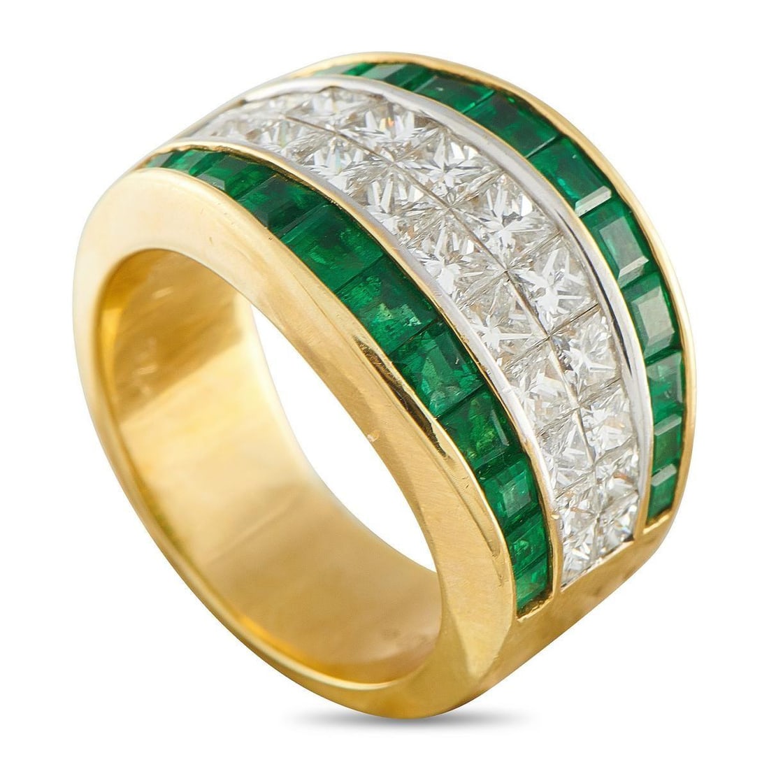 QUAD 18K YELLOW GOLD 1.75CT DIAMOND AND EMERALD RING: This Quad ring offers an elegant, timeless design. The simple 18K Yellow Gold setting beautifully showcases a central band of Diamonds totaling 1.75 carats and Emerald accents totaling 1.54 carats. It