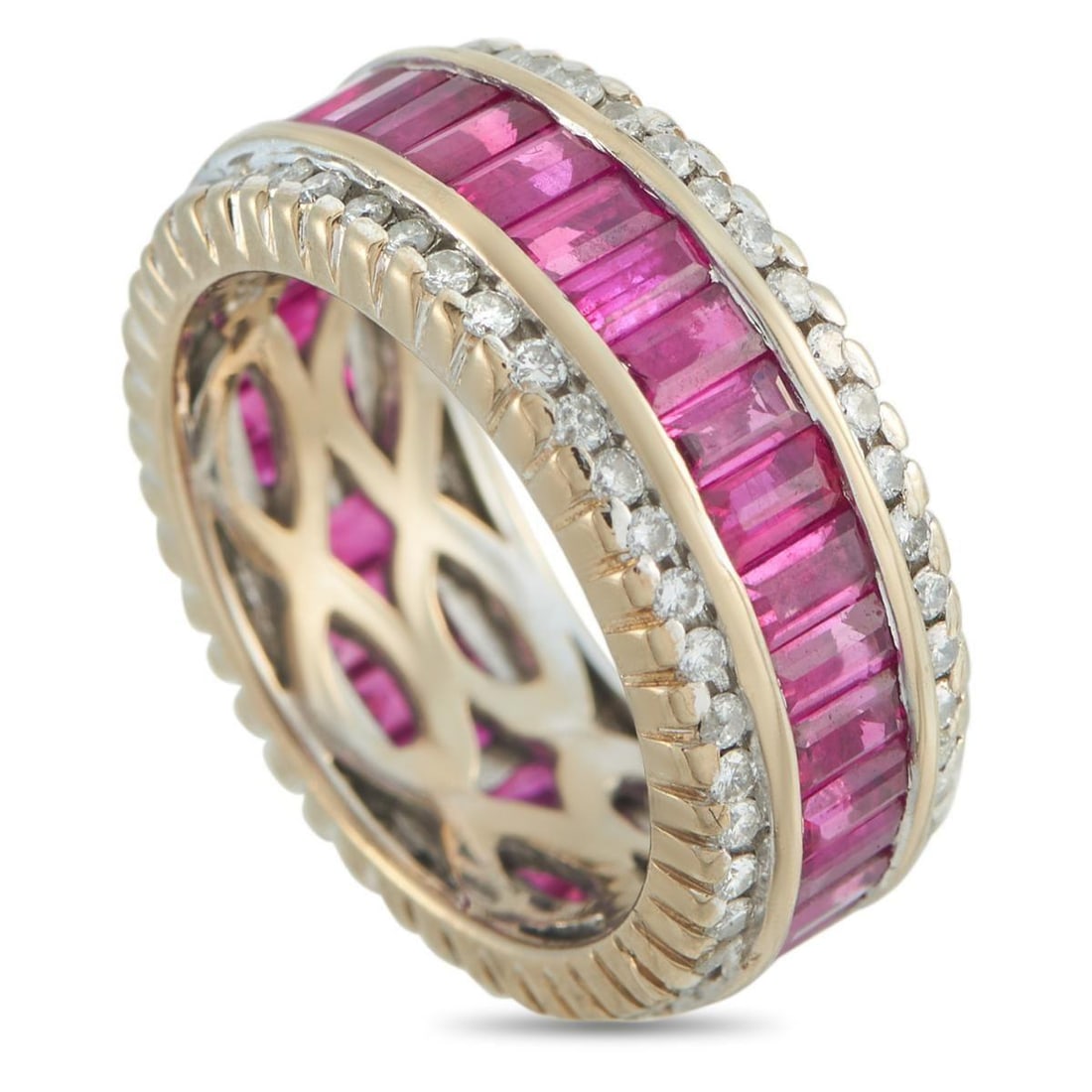18K YELLOW GOLD 1.30CT DIAMOND AND RUBY BAND RING: Add style and sophistication to any ensemble with this luxury ring. A series of Ruby gemstones totaling 3.75 carats make a statement at the center of the design. At each edge, sparkling Diamonds total