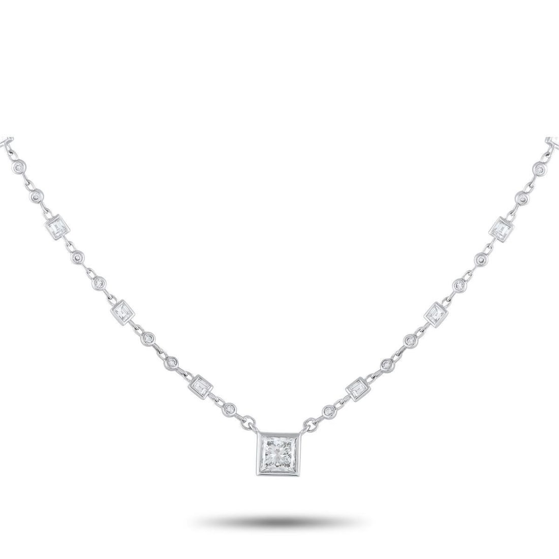18K WHITE GOLD 4.53CT DIAMOND NECKLACE: From the soft glow of morning to the glamour of night, this diamond necklace shines without pause. It features a captivating 1.51 ct princess-cut diamond, bezel set to showcase its crisp geometry and