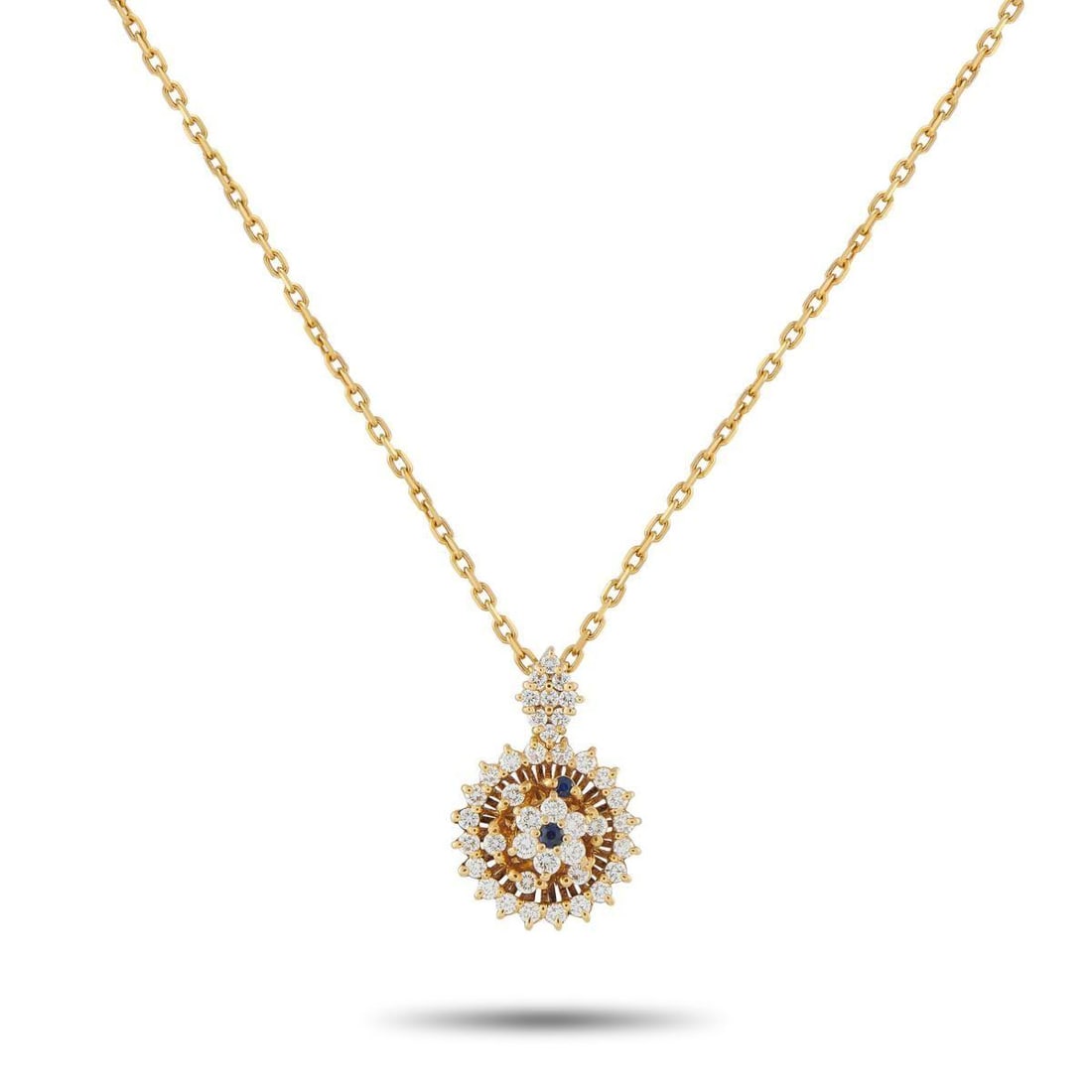WALTHAM 18K YELLOW GOLD 0.75CT DIAMOND PENDANT NECKLACE: This Waltham necklace is incredibly chic. Suspended from an 18 chain, the dramatic pendant is elevated by sparkling Diamonds totaling 0.75 carats. The pendant measures 0.75 long by 0.57 wide and is cr