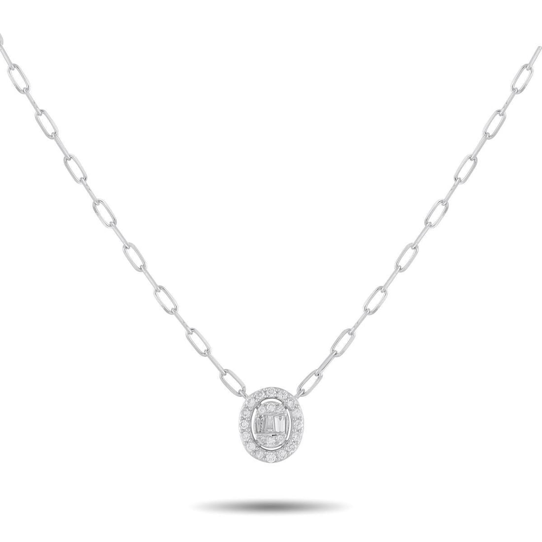14K WHITE GOLD 0.30CT DIAMOND PENDANT NECKLACE: This stylish necklace will complement any ensemble. Crafted from 14K White Gold, the oval-shaped pendant shines to life thanks to inset Diamonds totaling 0.30 carats. The pendant measures 0.44 long by
